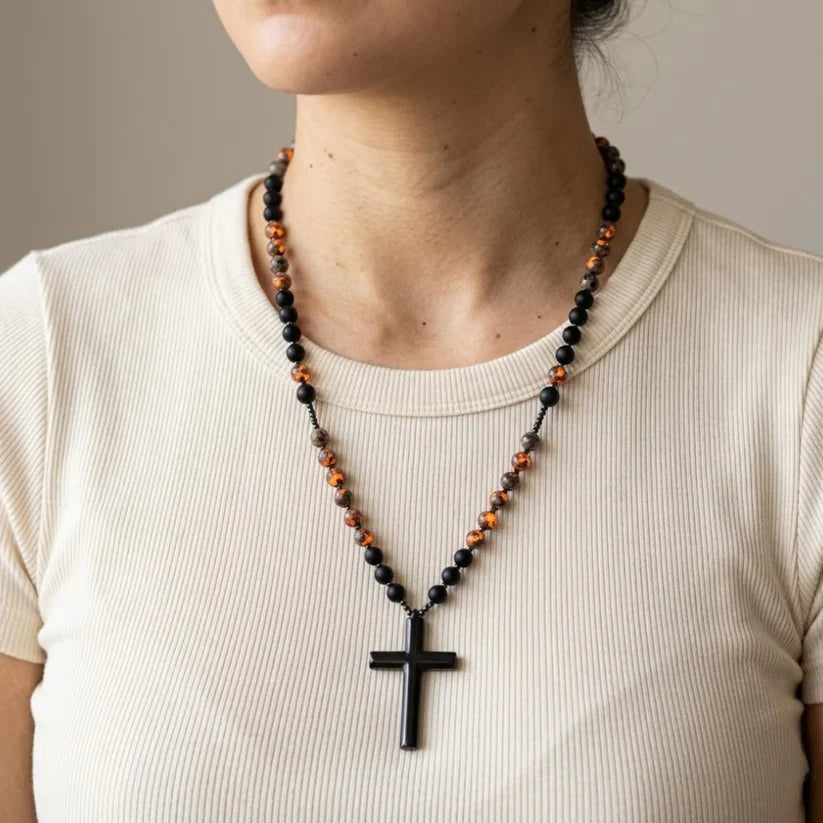 Collar de Rosario de Obsidiana Natural Yooperlita con Colgante de Cruz de Piedra de Hematita